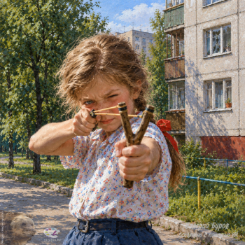 Буров Валерий Александрович. Девочка-хулиганка с рогаткой. Цифровая живопись. 2026. Авторское собрание.
