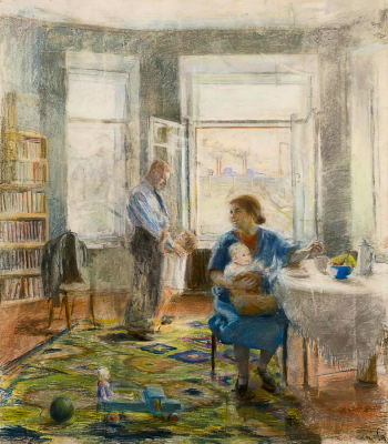 Вепринцева Софья Григорьевна. Рабочая семья. Бумага, пастель. 116х101. Государственный музейно-выставочный центр РОСИЗО.
