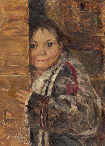Игошев Владимир Александрович. Озорница. Картон на фанере, масло. 34,5х25. 1956. Государственная Третьяковская галерея.