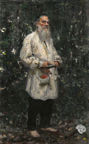 Репин Илья Ефимович. Писатель Лев Николаевич Толстой босой. Картон, масло. 23,4х14,2. 1891. Государственная Третьяковская галерея.