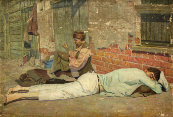 Симанский Николай Николаевич. Два босяка у входа в ночлежку. Холст, масло. 82,5х121. Начало 20 века. Государственный ордена Почёта музей А.М.Горького.