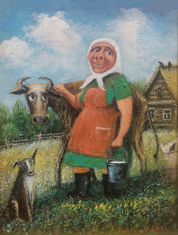 Порошин Юрий Вячеславович. Баба с ведром. ДВП, масло. 51х41,5. 2021. Устьянский краеведческий музей.