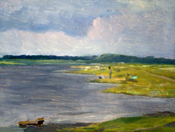 Фролов Пётр Кузьмич. Серый день на реке Олешня. Картон, масло. 28х37. 1983. Музей-усадьба А.М.Герасимова.