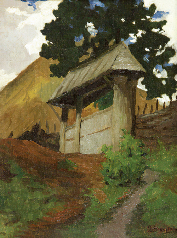 Свиридов Пётр Петрович. Летний пейзаж. Ворота. Холст, масло. 32х24. 20 век. Частное собрание.