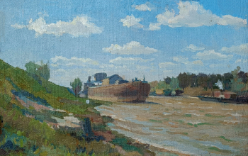 Соловьёв Евгений Петрович. Пейзаж с баржей на реке. Холст, масло. 30х45. 1940-е - 1950-е. Городской музей `Искусство Омска`.