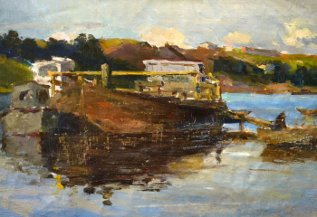 Чиркин Михаил Фёдорович. Баржи на Волге. Холст, масло. 23,5х33,5. 1956. Музей-усадьба А.М.Герасимова.