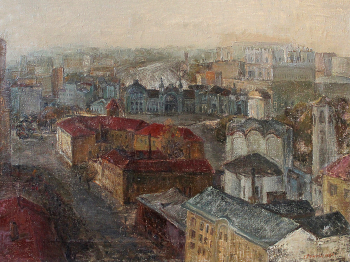 Пикуза Евгений Иванович. Белорусский вокзал. Москва. Холст, масло. 65х70,3. 1987. Таганрогский художественный музей.