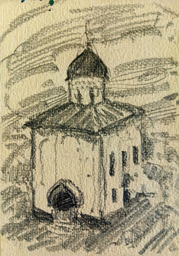 Дульский Пётр Максимилианович. Старинная церковь. Бумага, карандаш. 17,2х12,3. 1920-е. Национальный музей Республики Татарстан.