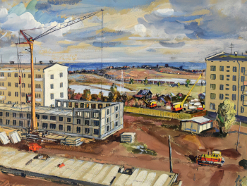 Рушев Николай Константинович. Стройка в Ленино-Дачном. Картон, гуашь. 29х39. 1966. Национальный музей имени Алдан-Маадыр Республики Тыва.