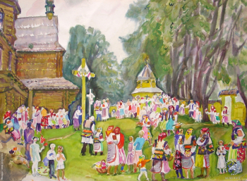 Судакова Лариса Николаевна. Яблоневый Спас. Бумага, акварель. 50х69. 1991. Авторское собрание.