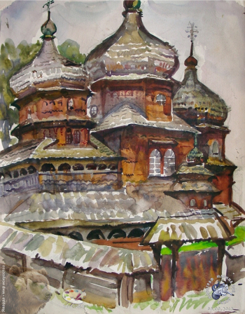 Судакова Лариса Николаевна. Церковь в Карпатах. Бумага, акварель. 58х45. 1999. Авторское собрание.