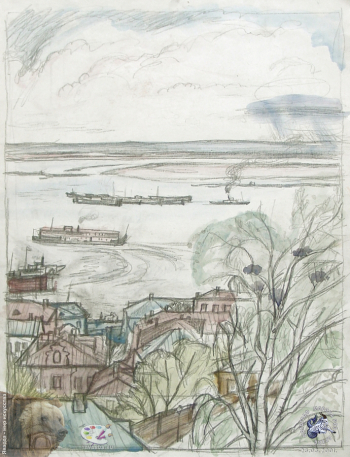 Ракутин Юрий Михайлович. На Волге. Бумага, карандаш, акварель. 38х29. 1968. Частное собрание.